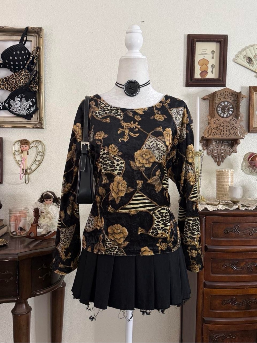 Vintage 90’s quirky whimsical patchwork funky velvet animal print & floral top